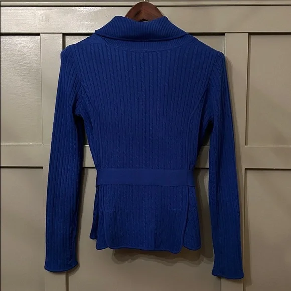 BCBGMaxAzria Cable Knit Cardigan Sweater Shawl Collar Tie Waist Blue Size Small - Picture 5 of 6